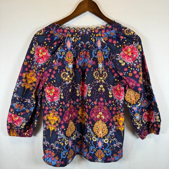 Talbots Women’s S Pleated Sleeve Poplin Top Cotton Floral Medallion Blue Classic - Picture 5 of 10